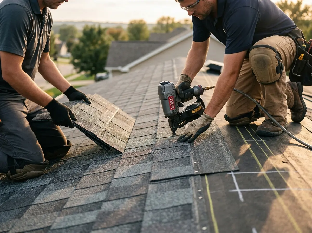 Professional roofer working on a residential roof in Andover